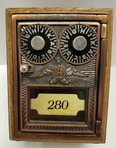 Vintage Metal Post Office Eagle Mailbox Door Oak Wood Coin Bank w/ Combination - Picture 1 of 5
