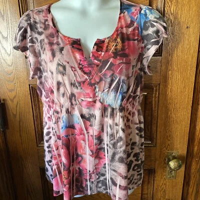 ONE WORLD SLEEP Animal Leopard & Floral Pink Print SS Pajama Shirt Top, Size XL - Image 1 of 4