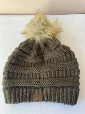 Coldwater Creek Olive Green Knit Beanie w/ Faux Fur Pom Pom - Image 1 of 3