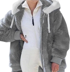 Womens Faux Fur Coat Casual Fuzzy Fleece Jacket Zip Up Hooded Drawstring Sherpa - Picture 1 of 22