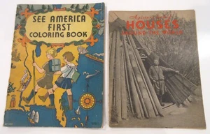 LOT OF 2 VINTAGE BOOKS 1934 SEE AMERICA FIRST COLORING BOOK! HOUSES AROUND WORLD - Picture 1 of 13