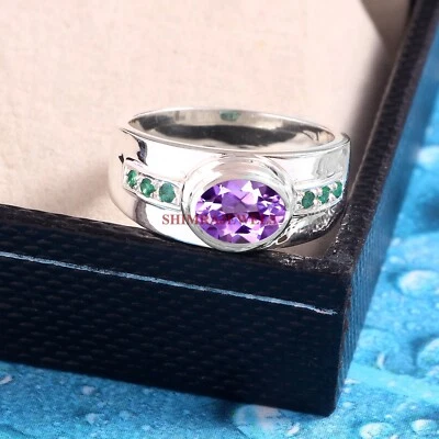 Naturale Ametista Gemma Con 18K Placcato Oro Bianco Argento Anello per Uomo # - Immagine 1 di 4