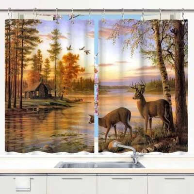 Reh See 3D Bistrogardine Gardinen Küche 2 Paneele Mit Haken Wasserdicht Textil - Bild 1 von 4