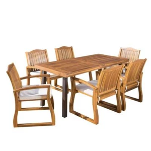 Noble House Outdoor Patio Dining Set 7-Piece Stationary Durable Acacia Wood Teak - Picture 1 of 8