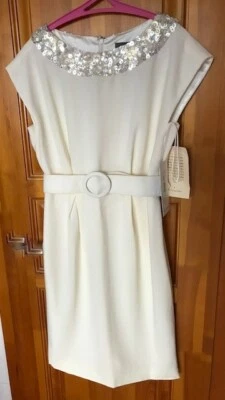 Funda Theia Couture 100 % seda con cuentas cinturón beige totalmente forrada talla 4  Foto 1 de 4