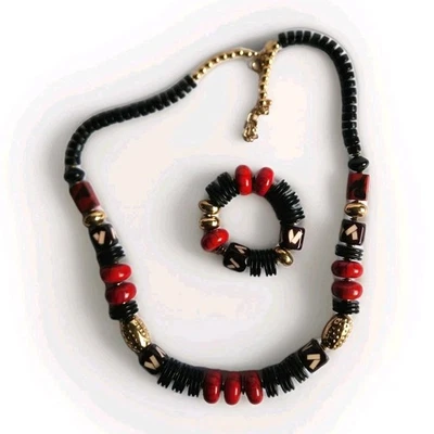 Vtg CHICO’S Chunky Statement Necklace Bracelet Set Black, Red, Gold-tone Beaded - Image 1 of 4