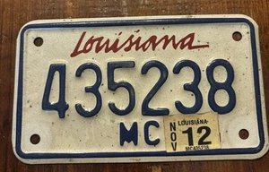Louisiana Motorcycle License Plate # 435238 With Sticker Nov 2012 - Picture 1 of 2