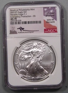 2021 (p) T-1 Silver American Eagle. NGC MS70 Emergency. John M MERCANTI Signed - Picture 1 of 8