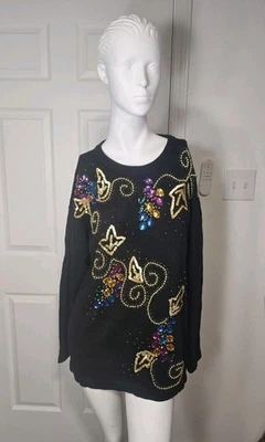 Suéter De Colección Victoria Harbour Largo Negro Lentejuelas Adornado Vacaciones Talla Grande Foto 1 de 4