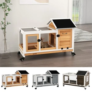 PawHut Wooden Rabbit Hutch, Small Animal  House w/ Wheels, Removable Tray - Picture 1 of 34