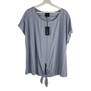 W5 Size 3X Blouse Top Front Tie Blue White Short Cap Sleeve Scoop Neck Women’s - Picture 1 of 8