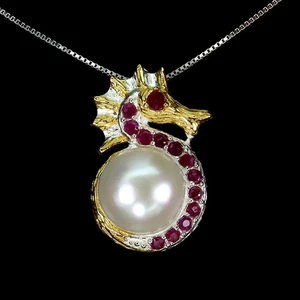 925 Sterling Silver Necklace Round Ruby Pearl Seahorse Gemstone Jewelry 18 Inch - Picture 1 of 13