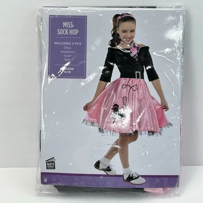 Miss Sock Hop Costume Girls XL 14-16 Pink Black Poodle Skirt Dress Lace Scarf - Image 1 of 4