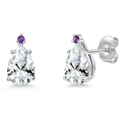 14K White Gold White Created Sapphire and Simulated Amethyst Stud Earrings for - Image 1 of 4