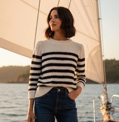 H&M Black &White 100% Cotton striped Exposed Zip Boucle Knit Sweater Coastal XS - Image 1 of 4