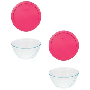 Pyrex (2) 7402 6-Cup Sculpted Glass Bowls and (2) 7402-PC Fuchsia Pink Lids - Picture 1 of 3