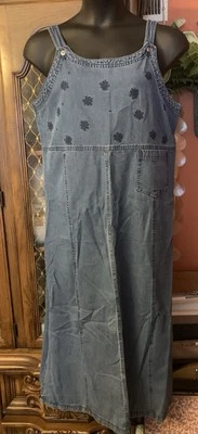 Vintage CHEROKEE 90s Floral Embroidered Denim Maxi Jumper Dress Cottage XL - Image 1 of 4