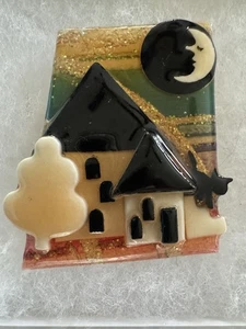 House Pins By Lucinda Crescent Moon Cat Glitter Halloween Brooch - Picture 1 of 6