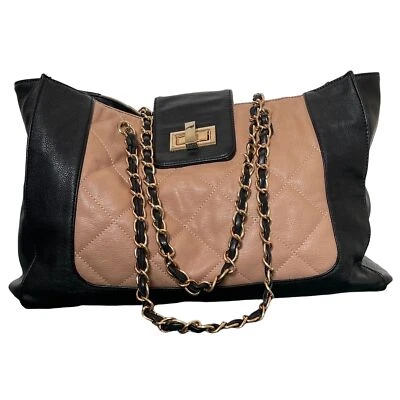 Aldo Winland Faux Leather Two-Tone Black Tan Quilted Gold Chain Dual Handle Tote - Image 1 of 4