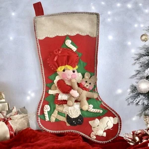 Vtg 70s Bucilla Christmas Felt Stocking Holly Berry 82074 Completed Girl Teddy - Picture 1 of 12