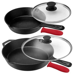 MegaChef Pre-Seasoned 6 Piece Cast Iron Skillet Set with Lids and Red Silicone - Picture 1 of 8