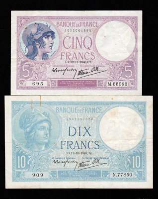 FRANCE 5 + 10  FRANCS 1940  P-83 + 84  VF - Image 1 of 4