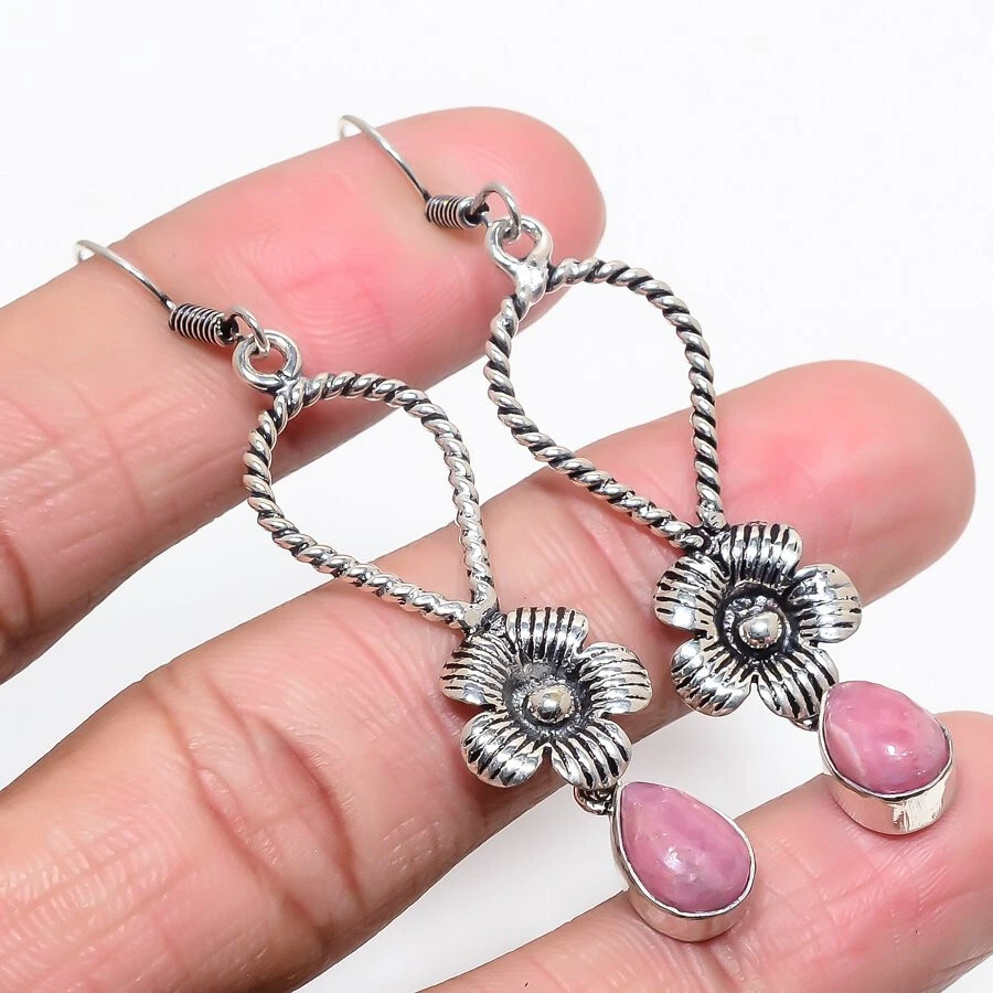 Посеребренные серьги с родохрозитом винтажные ювелирные изделия 2,5 дюйма - Изображение 1 из 1