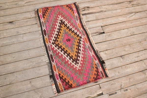 Turkish Kilim Rug 1,4'x3' Hand Woven Kars Authentic Cicim Kilim 43x92cm Mat - Picture 1 of 9