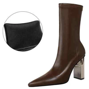 Metal Chunky Heel Leather Boots Women Mid-Calf Boots High-heel Boots Female Shoe - Picture 1 of 28
