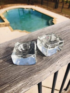 Ice Cube Candle Holder Clear Tapered Glass Set of Candlestick Holders Vintage - Picture 1 of 5