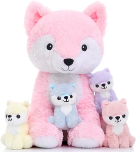 5 Piece Fox Stuffed Animal Set, Soft Mommy Fox Plush Toy with 4 Cute Babies, Stu - Picture 1 of 12