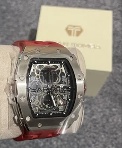 Men’s Watch TSAR BOMBA Watches 50M Waterproof Tonneau Stainless Steel Red NEW