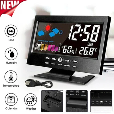 LED Digital Alarm Clock Snooze Calendar Thermometer Hygrometer Weather Display - Image 1 of 4