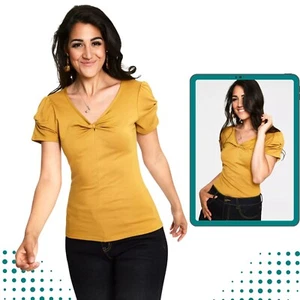 Rhiannon Mustard Retro Bow Vintage Style V-Neck Top - Picture 1 of 5