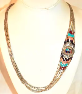 Vintage Navajo Necklace Liquid Silver with Gemstone Inlay Pendant - Picture 1 of 5