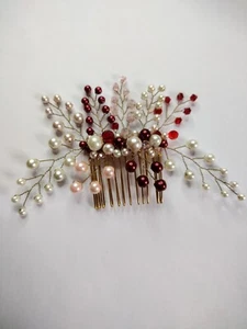 Rot, Rosa & Elfenbein Glasperle & Kristall Haarkamm Braut, Abschlussball Haarzubehör - Bild 1 von 8