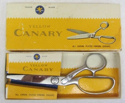 Vtg YELLOW CANARY Chrome Plated PINKING SHEARS Scissors in Original Box Size 8"  - Image 1 of 4