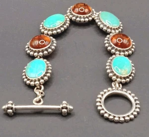 925 Lt Thailand Türkis & Bernstein Sterling Knebel Gliederarmband 42 Gramm - Bild 1 von 5