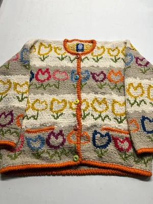Cardigã Amano vintage suéter botão para cima tricô à mão tulipa malha floral feminino P/M - Imagem 1 de 4