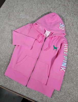 Pink Victorias Secret Y2K Full Zip Hoodie Large Preppy Graphic Spellout Dog Logo - Image 1 of 4
