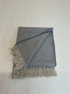 PURE WOOL Fringed Throw/Blanket/UK WOVEN.Natural/Blue/Grey Herringbone . Free P - Picture 1 of 1