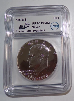 1976 S Eisenhower Dollar Silver ICG PR70 DCAM Brilliant White AUSTIN HUTTO SIGN - Image 1 of 4
