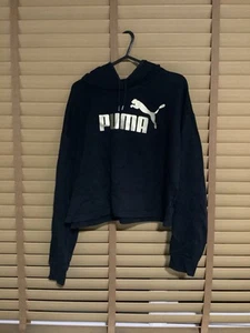 PUMA Womens Crop Graphic Hoodie Jumper S Black with gold logo - Picture 1 of 6