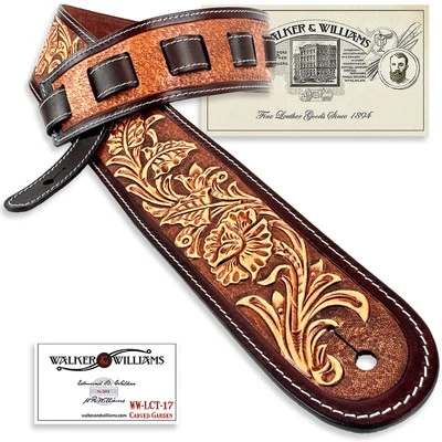 Walker And Williams LCT-17 Hand Tooled Saddle Brown Premium Leather Guitar Strap - Image 1 of 4