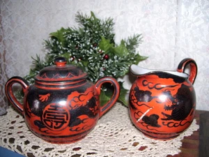 Antique Dragon Oriental Sugar and Cream Pitcher  - Picture 1 of 2