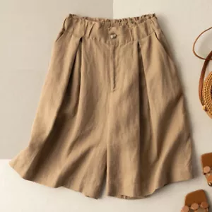 Women's Fashion Linen Cotton Shorts Five Point Buckle Waist Wide Leg loose Pants - Picture 1 of 12