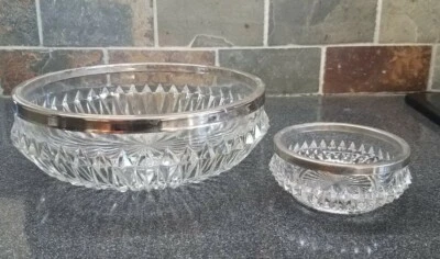 Vintage Glass Serving Bowls w/ Silver Plated Rims - Set of 2 Foto 1 de 4