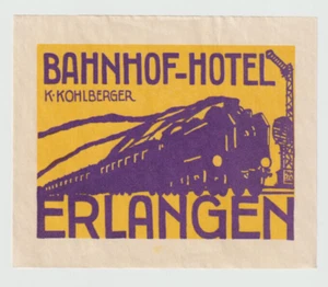 ERLANGEN GERMANY RAILROAD STATION BAHNHOF HOTEL OLD ART DECO LUGGAGE LABEL - Picture 1 of 1
