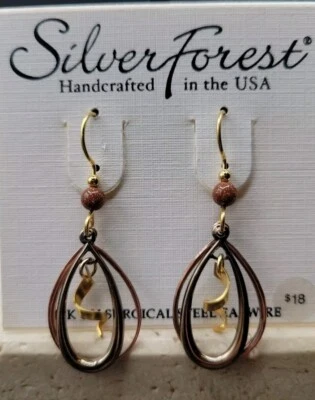 Pendientes Bosque Plata EE. UU. Lágrima Giratoria Capas Oro y Cobre Piedra Dorada Foto 1 de 4