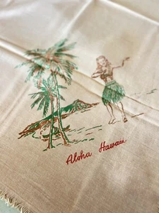 Vintage 40s 50s Hawaiian Souvenir Tablecloth or Shawl Aloha Hula Dancers 38 x 48 - Picture 1 of 7
